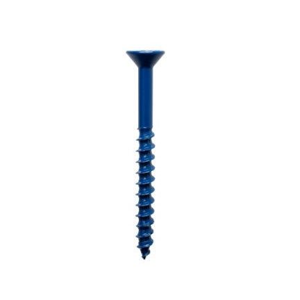 The Simpson Strong-Tie Titen Turbo 1/4 in. x 1-1/4 in. Flat Head concrete screw, blue, features a flat countersunk head and threaded shaft with reverse thread design for reliable fastening, shown vertically against a plain white background.